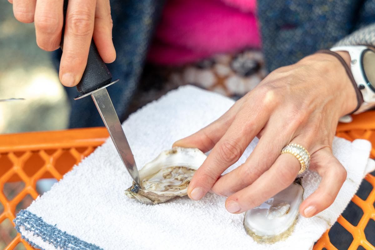 woman shucking oyster