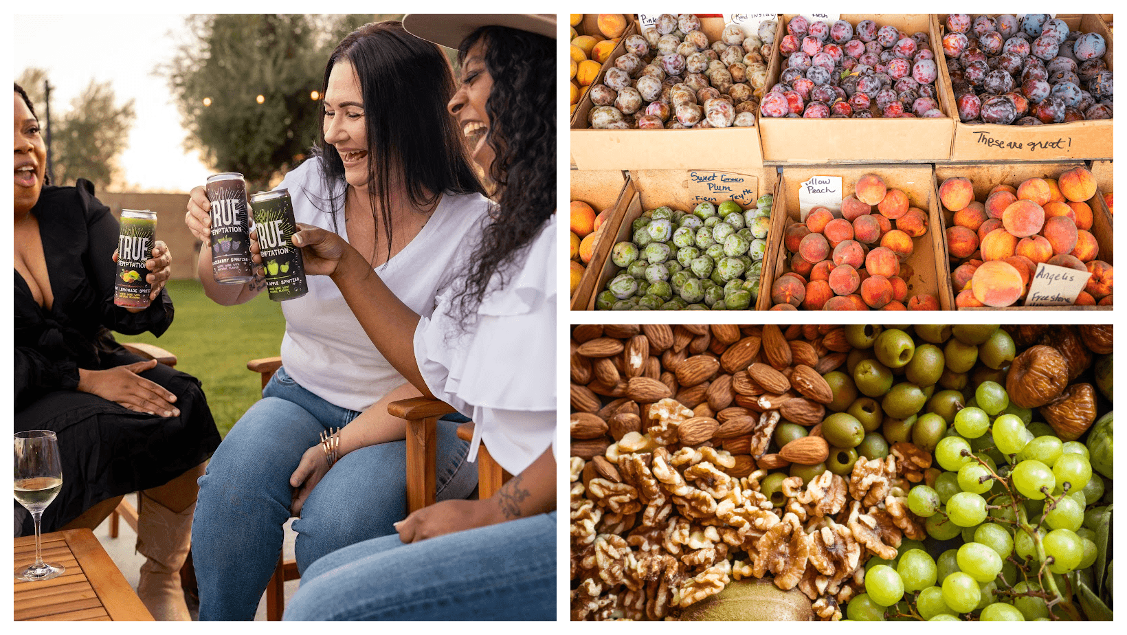 Cover collage for Yosemite Road Trip: women drinking canned wine, bins of fruit, and a flat lay of fruits and nuts