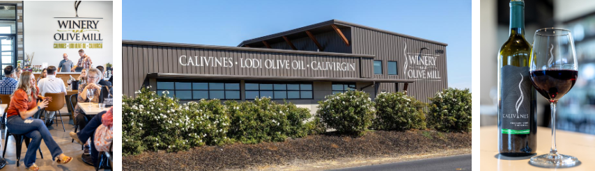 A gallery with images from Calivirgin - wine, people olive oil tasting, and a shot of the tasting room 