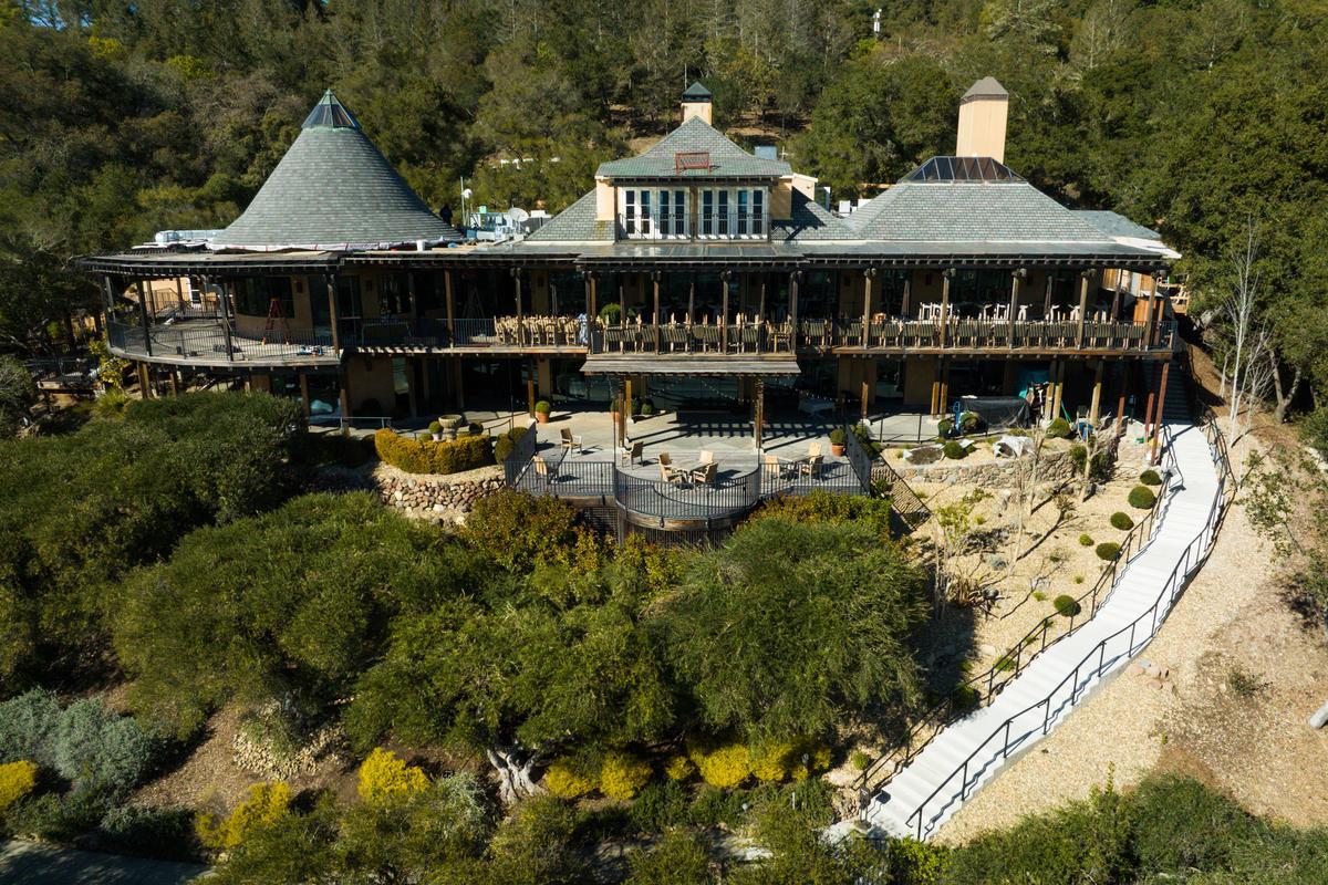 exterior drone image of auberge soliel's restaurant in Napa