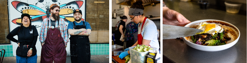 Collage of the Libelula culinary team, a sous chef preparing food and a finished dish 