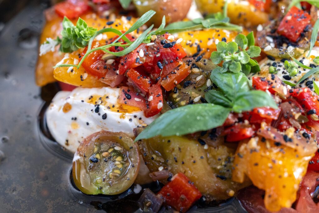 Fresh tomatoes, peppers and garlic labneh at Canon