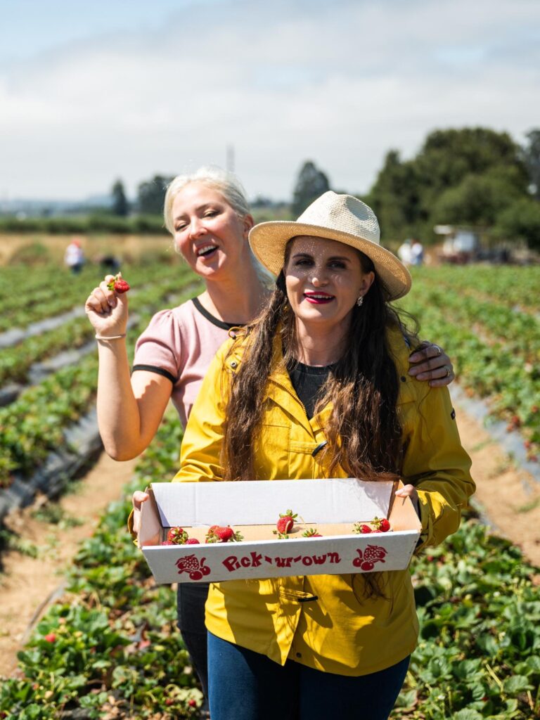 two women showing off u-pick strawberries at Gizdich Ranch