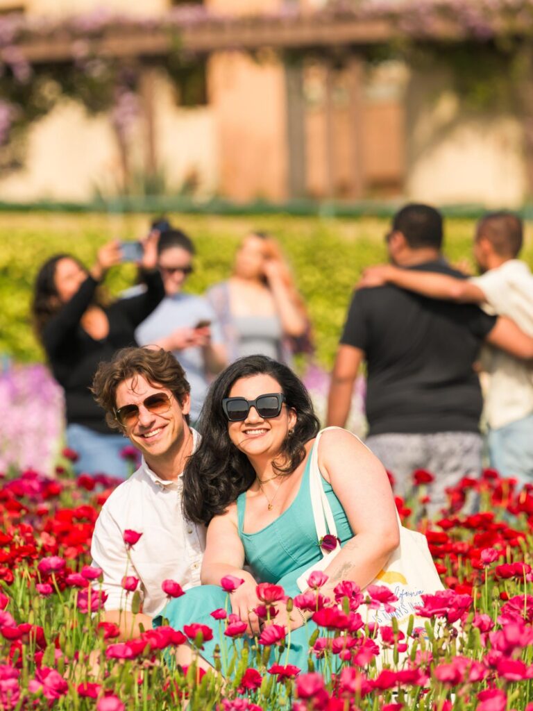 a couple taking pictures in The Flower Fields in Carlsbad